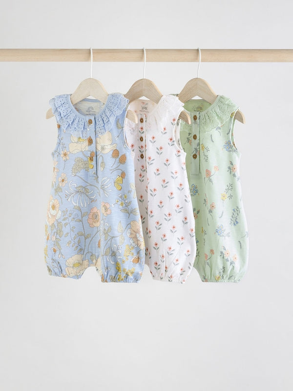 Floral Printed Broderie 3 Pack Baby Rompers immediate
