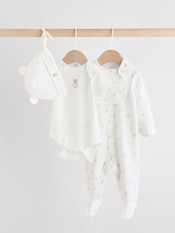White Baby Sleepsuit, Bodysuit, Beanie and Bib Set 4 Piece (immediate)