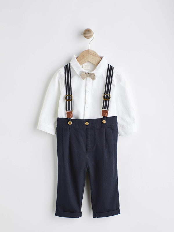 Navy Blue Baby 100% Cotton Shirt Trousers and Braces Set 4 Piece(immediate)
